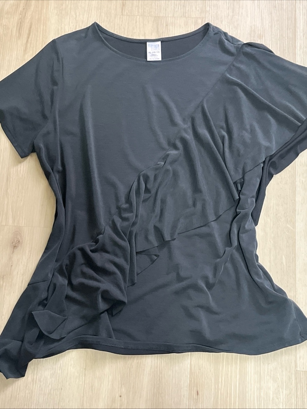 Time and Tru Asymmetrical Black Short-Sleeve Ruffle Front Top modal blend